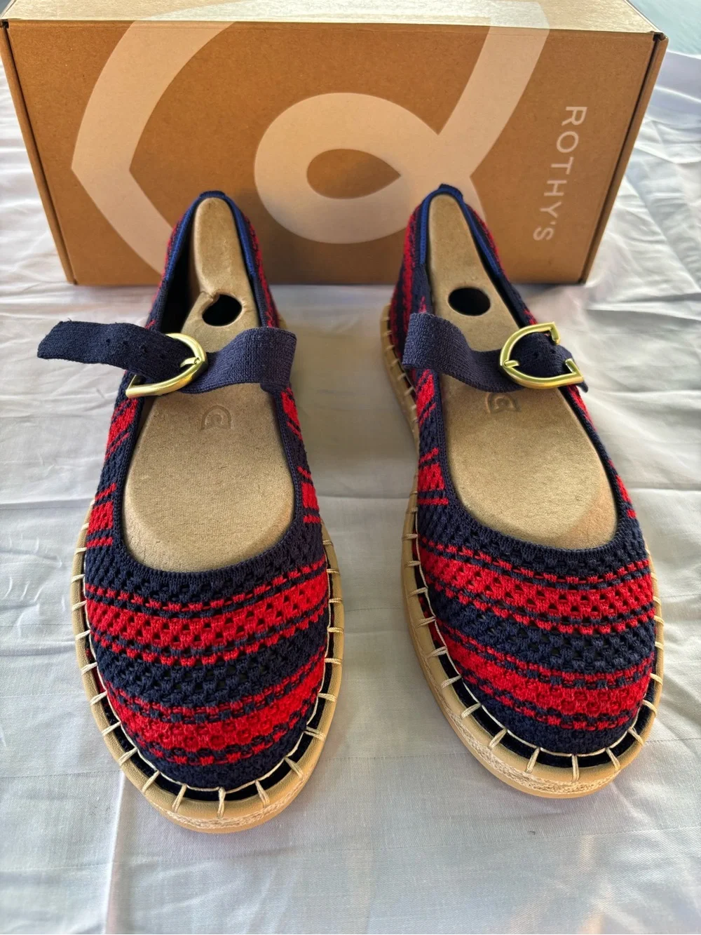 Rothy's Red & Navy Knit Mary Jane Espadrilles with Buckle